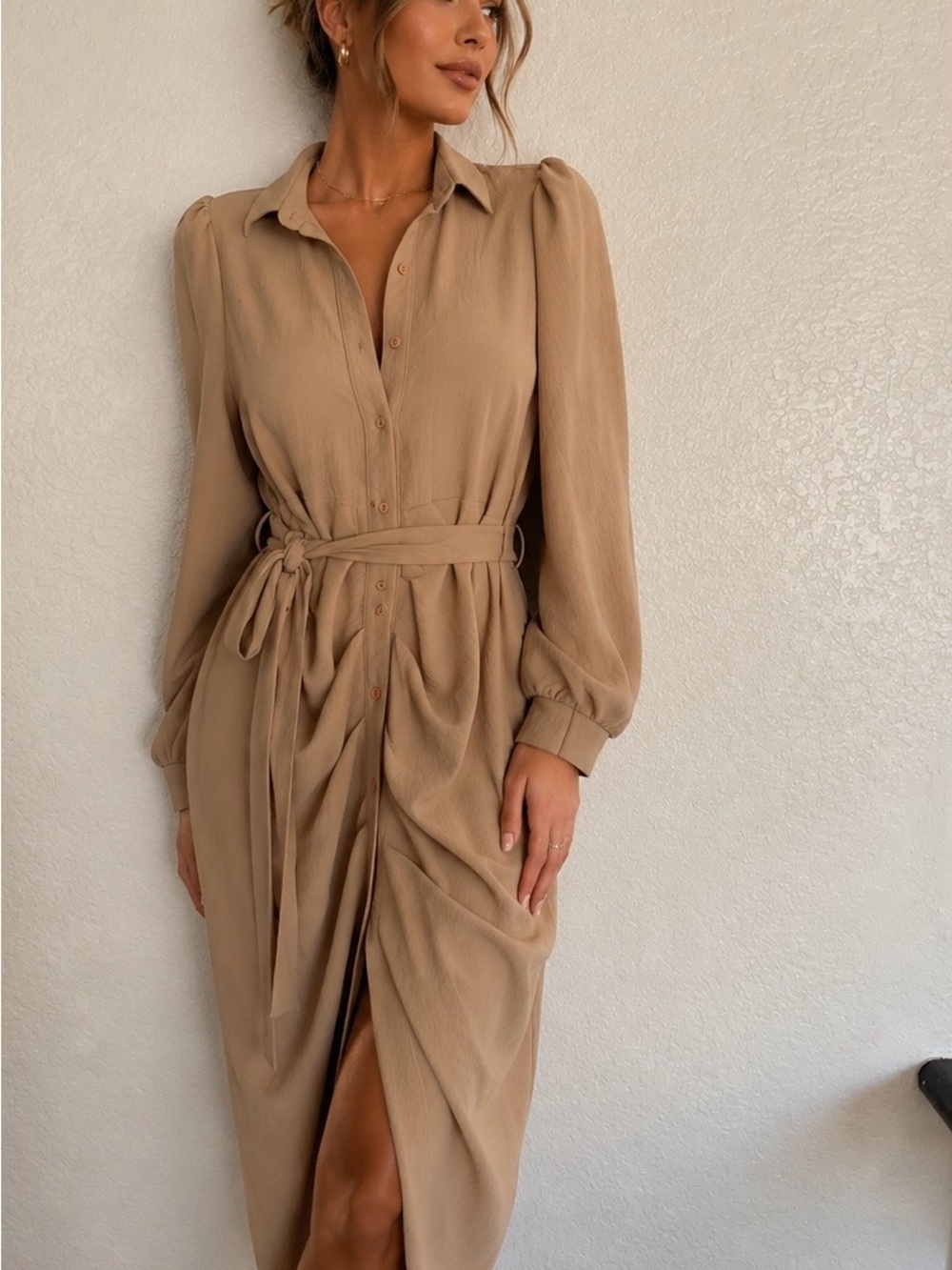 Classic Long Sleeve Shirt Dress in Tan